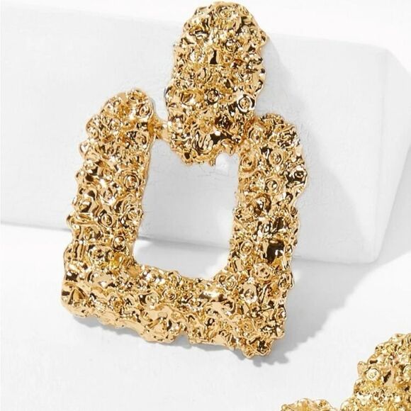 Gold Textured Square Drop Earrings - Picture 3 of 3